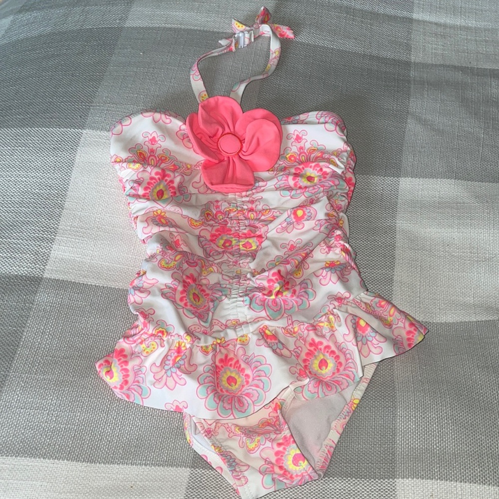 Janie and Jack girls paisley print neon color one piece swimsuit